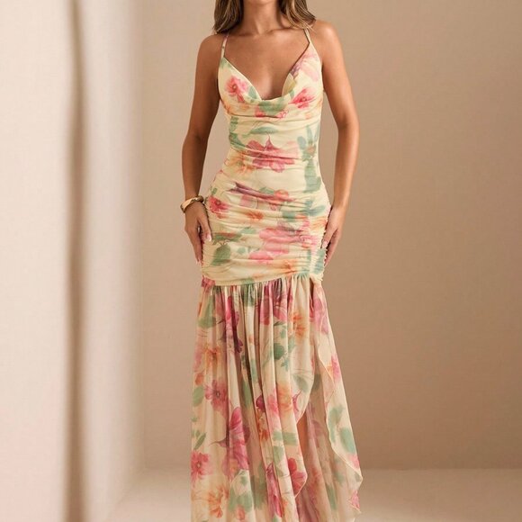 Light Yellow Boho Women's Mesh Maxi Dress High Slit Floral Print Sleeveless - Picture 6 of 8